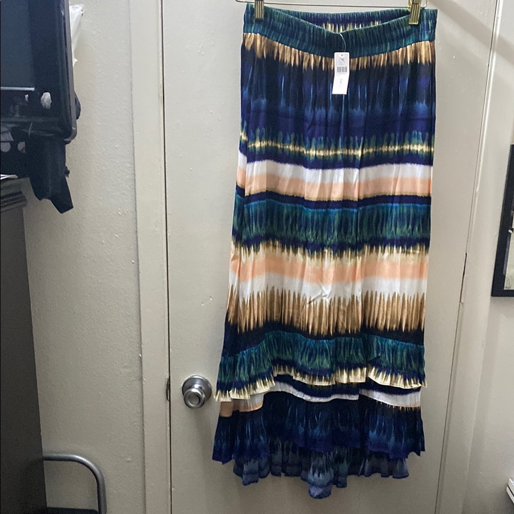Daniel Rainn for Anthropologie Blue and Green Maxi Pleated High Low Skirt